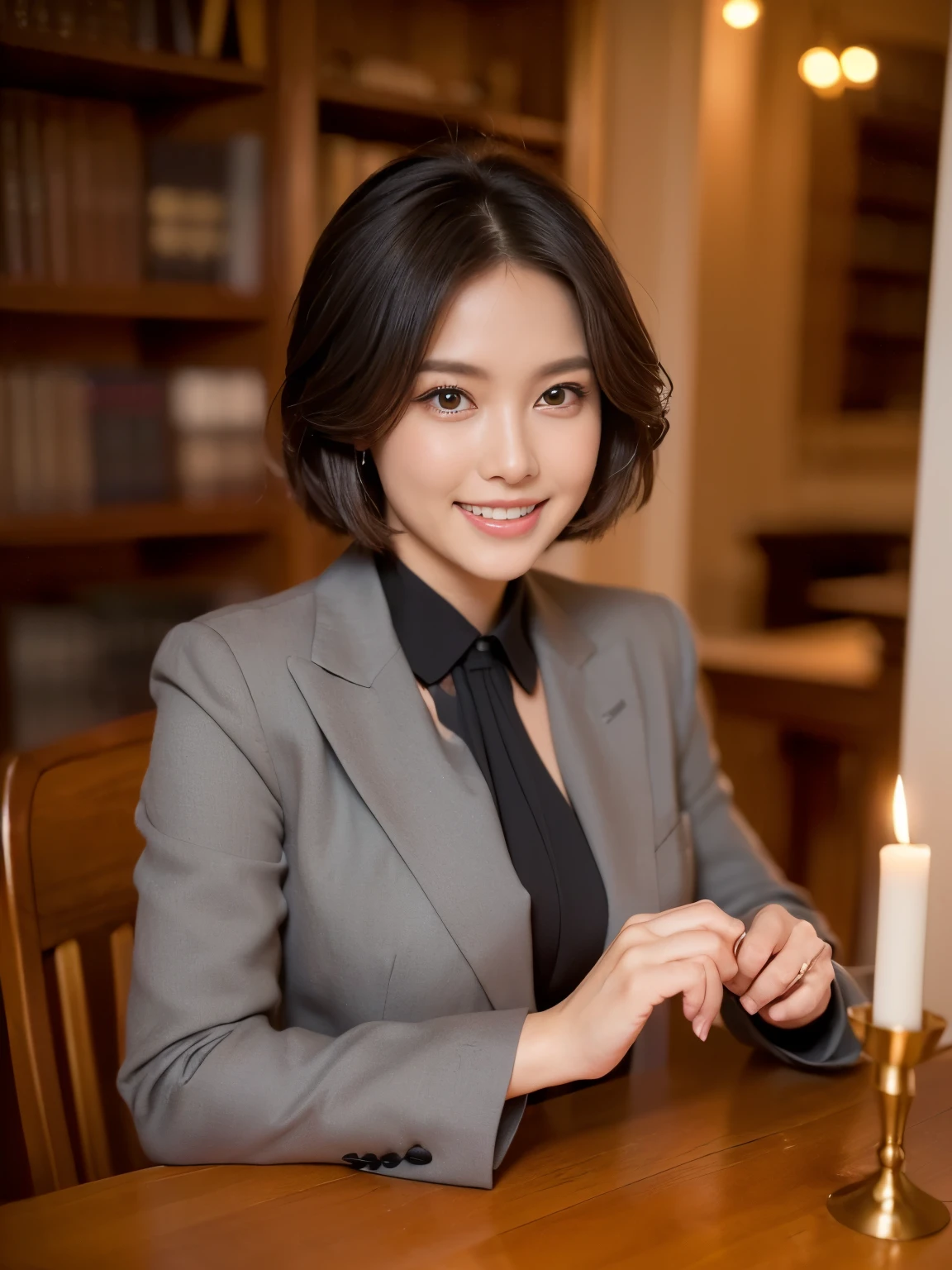 ((highest quality、Tabletop、8k、Best image quality))、(一人の成熟したwoman、She holds the most luxurious CEO position)、(Wooden furniture in the office、It's hanging on a large wooden desk.、Sitting in a chair:1.2)、Secretary with elegant posture、(1 photo:1.5)、(woman'Photo of'Upper Body:1.5)、(Dark grey formal suit:1.4)、(black formal blouse:1.4)、(The most extravagant and luxurious library room、Bright candle lighting、The most luxurious and luxurious desk、The most luxurious and luxurious glass showcase、the most luxurious and luxurious chair、the most luxurious and luxurious carpet、The most luxurious and luxurious bookshelf、the most luxurious and luxurious curtains)、Perfect Anatomy、Beautiful Teeth、smile、Detailed face、(D cup breasts)、(standard body shape)、(Short black hair:1.6)、