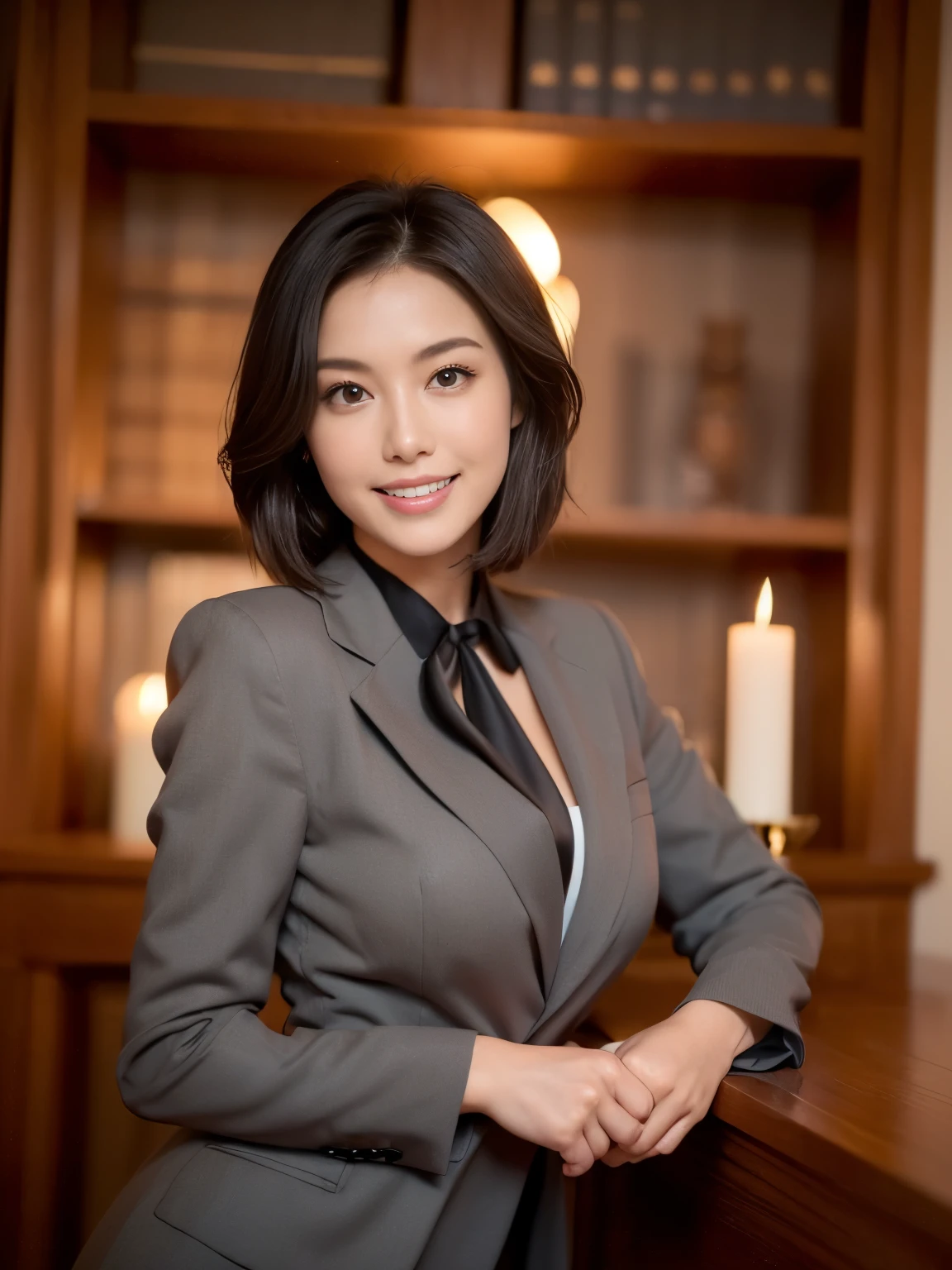 ((highest quality、Tabletop、8k、Best image quality))、(一人の成熟したwoman、She holds the most luxurious CEO position)、(Wooden furniture in the office、It's hanging on a large wooden desk.、Sitting in a chair:1.2)、Secretary with elegant posture、(1 photo:1.5)、(woman'Photo of'Upper Body:1.5)、(Dark grey formal suit:1.4)、(black formal blouse:1.4)、(The most extravagant and luxurious library room、Bright candle lighting、The most luxurious and luxurious desk、The most luxurious and luxurious glass showcase、the most luxurious and luxurious chair、the most luxurious and luxurious carpet、The most luxurious and luxurious bookshelf、the most luxurious and luxurious curtains)、Perfect Anatomy、Beautiful Teeth、smile、Detailed face、(D cup breasts)、(standard body shape)、(Short black hair:1.6)、