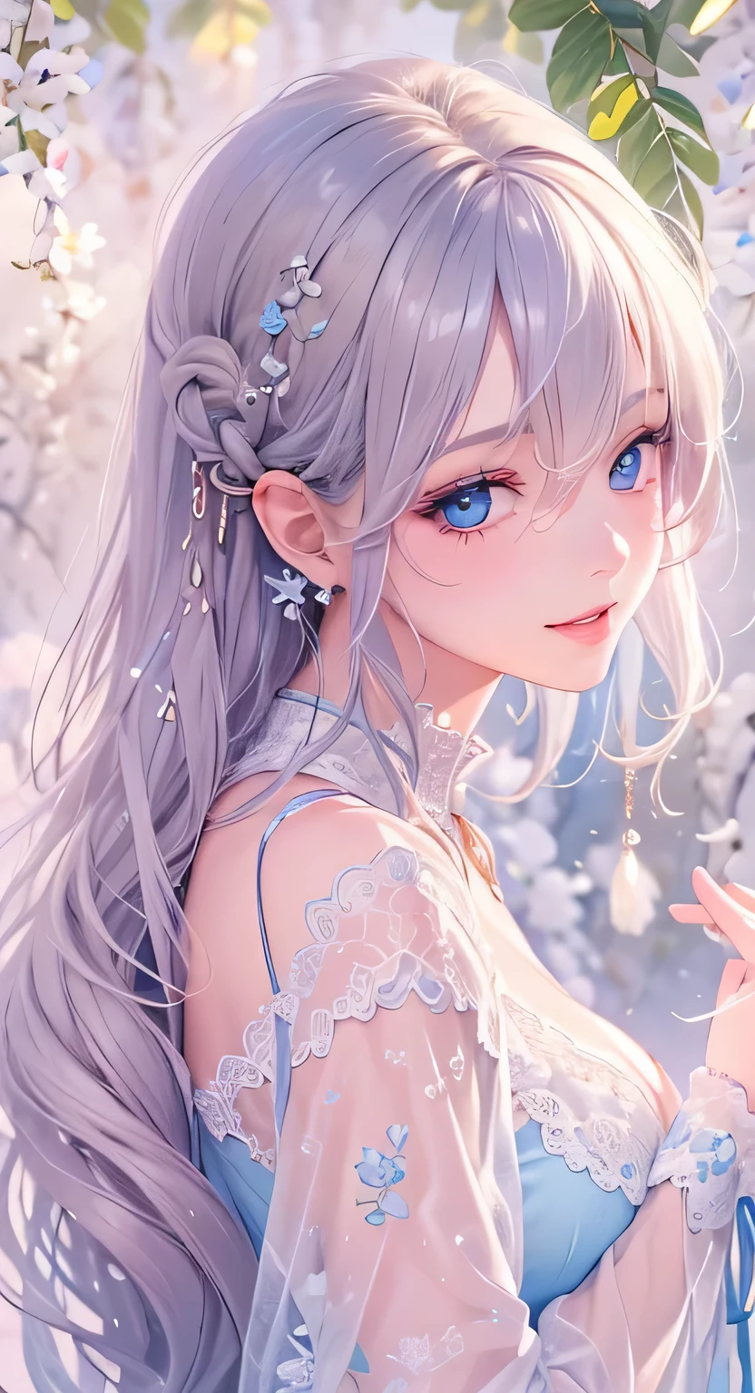 ((highest quality)), ((masterpiece)), (Get used to it), Perfect Face , masterpiece、highest quality、High resolution、High-quality images、8k, 1 female、Skin Radiance、Texture of skin and clothing、Expression of fine eyes、Glowing silver hair,Girl with long braided hair, Manga inspired by Lee Jong-suk, Trending on deviantart, realism, detailed manga style, Manga art style, Perfect Line Drawing, Beautiful line art, digital manga art girl, K-POPアイドル, beautiful light blue eyes, Lips become thicker, Gorgeous face with attention to detail, (Cute Smile), charm, Innocent, Side view, (Perfectly detailed face), (Beautiful Hands) Photorealistic images, Written boundary depth, 20th Generation ,beautiful girl , strawberry , Lace dress , Big Breasts , protruding shoulders , I can see her cleavage , strawberry , There are lots of strawberries in the background ,