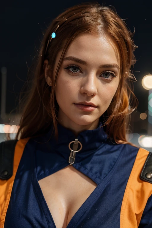 (best quality,4k,8k,highres,masterpiece:1.2),full body portrait,ultra-detailed,realistic,beautiful detailed eyes,beautiful detailed lips,extremely detailed eyes and face,longeyelashes,girl,orange hair,blue cyberpunk outfit,colorful meadow,night,portraits,vivid colors,studio lighting