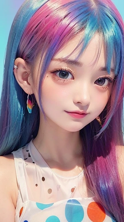 Small face、 (alone:1.5,)Very detailed,Bright colors, Very beautiful detailed anime faces and eyes, Look straight ahead,  Shiny_skin,girl, (((Rainbow Hair, Colorful Hair, Half red、half blue hair: 1.2))), 、Shiny hair, Delicate beautiful face, blush、Glasses、(Turquoise Eyes), , Valletta, Earrings,、Flower Garden、Sunset、(((See-through、Polka dots、sexy、One piece swimsuit、White、,Translucent shirt)))、（Twin tails）、smile、Happy Face、face dyed red、Cheerful pose、dynamic、