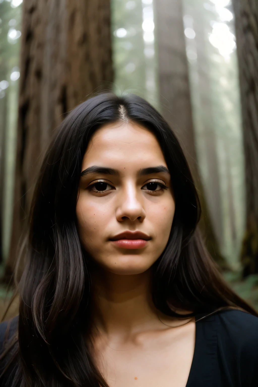 photograph of a woman, (sympathetic facial expression), textured skin, goosebumps, jet black half-up half-down hair, group profile, towering ancient redwood trees creating a sense of wonder and awe, perfect eyes, ((hard lighting:1.4)), Velvia 100 color, shot on Cinestill 800T, bokeh, sharp focus on subject, shot by Manuela Marques