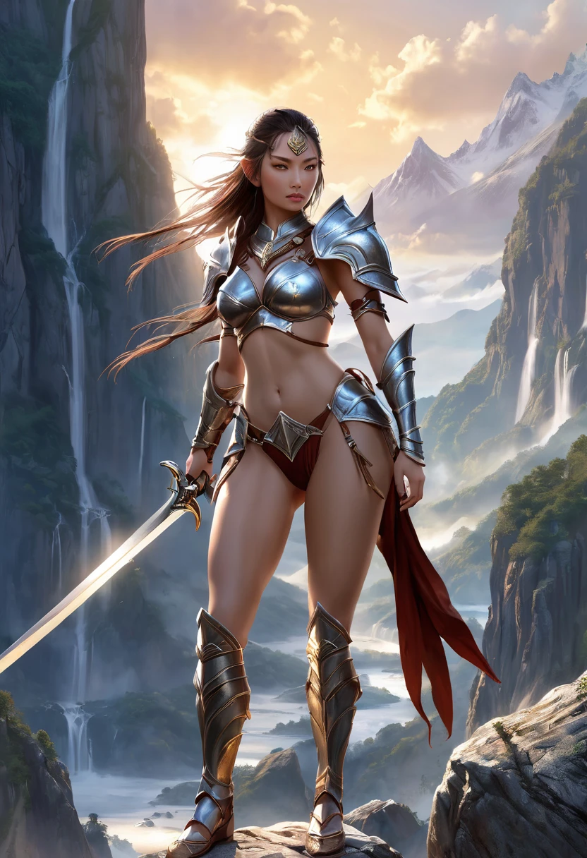 Beautiful full-body woman, 30 years old, muscular and perfect body, barbarian warrior with little clothing, tiny thong, large breasts, generous neckline, holding a blood-stained sword, brave face, dark kingdom, sexy pose, walking in a dirty water