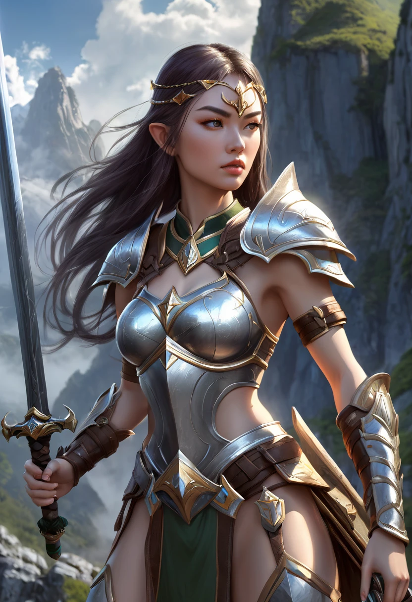 Woman in bikini and armor holding a sword in the mountains, Body shot of the goddess in the movie, Woman warrior, Alexandra Fomina Art Station, Chengwei Pan at Art Station, Vojtek Fuss, Epic Elven Warrior, fantasy warrior, artstation Trends, Amazon Warrior, cgsociety contest winner!!, cgsociety contest winner, Fantasy Art Behance