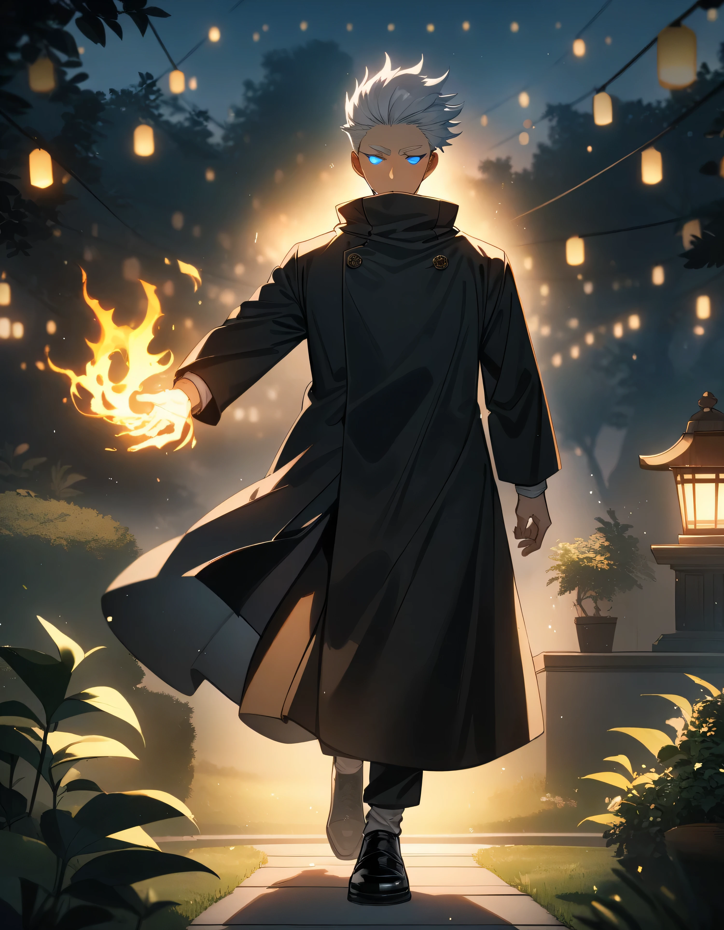  focus man,Masterpiece, ผู้man, man, Jujutsu Kaisen, alone, alone, be happy,blue eyes, smooth, , White eyebrows, White eyelashes, blue eyes soft, glowing eyes, , black clothes, black jacket, full body, garden, naturegarden, High quality, 4k resolution, anime,spell,Satoru Gojo