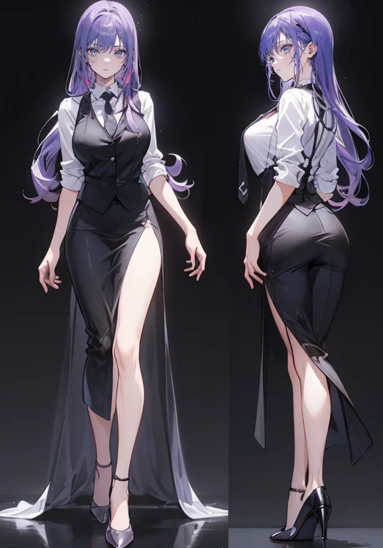 ((Perfect Face)),Purple Hair,voluminous long hair,1 female,bartender,suit,Black vest,Shirt with rolled up sleeves,tie,slit,High heels,,((Simple Background)),smile,((whole body)),((whole body)),Portraiture,virtual,upright,,Both arms are down,Standing upright with face and body facing forward,