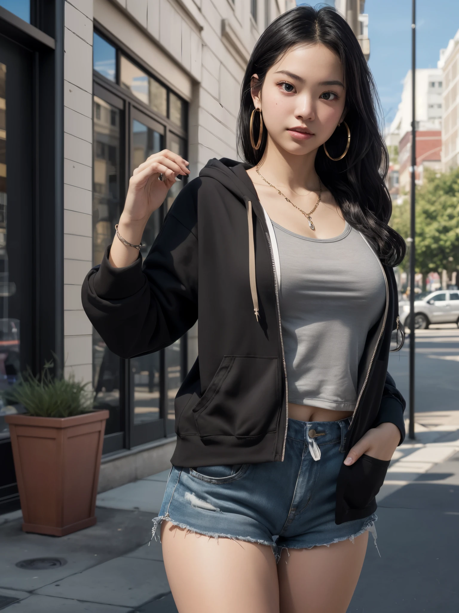 1girl, (18yo), (asian:hispanic), warm olive skin undertone, large breast, brown eyes, thick eyelashes, straigh long black hair, 
open hoodie jacket, tank top, high waisted short shorts, hoop earring, chunky necklace, tangle strings, (realistic:1.3), outdoor, (best_quality, masterpiece:1.2), (highly detailed), (4k, 8k, uhd, high_resolution, highres), 