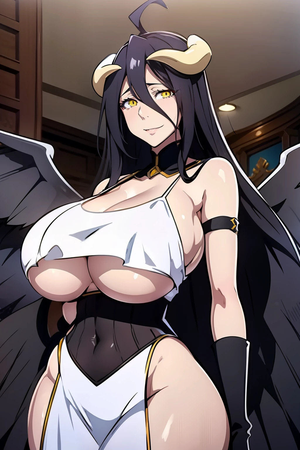 An anime-style artwork depicting albedo from the anime overlord.
Tags: ALBEDO, 1girl, albedo (overlord), solo, horns, long hair, black hair, gloves, yellow eyes, dress, demon girl, ahoge, white gloves, wings, open mouth, bare shoulders, demon horns, white dress, hair between eyes, parody, black wings, very long hair, breasts, low wings, anime, detailed eyes, detailed lips, smiling expression, intense gaze, dynamic pose, indoor, palace, vibrant colors, digital art, high-resolution, professional quality, gigantic breasts, (underboob : 1.4), curvy, cowboy shot, (gigantic breasts: 1.6),
