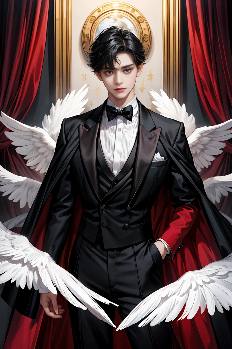 masterpiece, 最high quality, high quality, 1 boy, alone, Male focus, Watching the audience, Messy black hair, blue adorable big eyes, White, Noble, Noble, Beautiful angel、Big Feather、He was wearing a tuxedo with a really big stand-up collar and a really big, really long red and black cape made of a lot of fabric that reached down to the floor longer than his height., 17 years old,cute beautiful boy,cute cute handsome boy