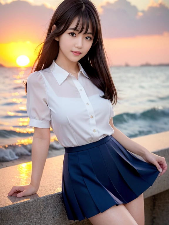 (highest quality, High resolution, Tabletop :1.3), 、Japanese women,（whole body：1.3）、24-years-old、Wearing a miniskirt、（Healthy thighs：1.4）、Even bangs、 Very beautiful face,  Beautiful realistic face,Beautiful woman, Orange sunset sky, Sun and clouds with ocean in the background,  her hair is black、Long Hairstyles、（She is wearing a white short-sleeved blouse and a navy pleated skirt：1.2）, Stand with your feet wide apart,looking at the camera, Dynamic photography