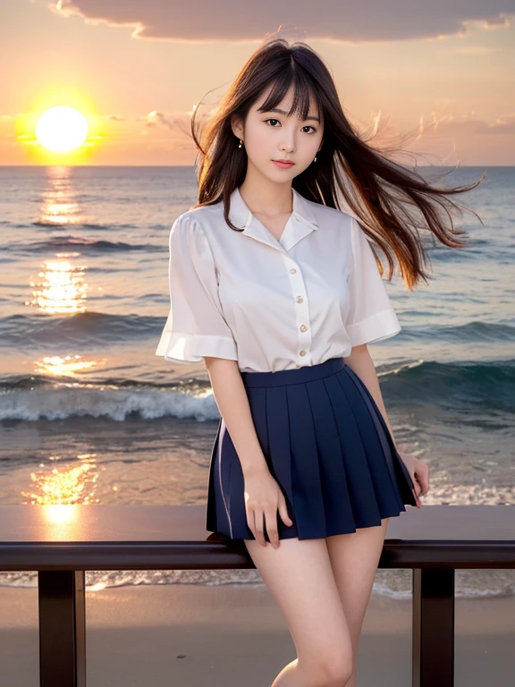 (highest quality, High resolution, Tabletop :1.3), 、Japanese women,(whole body:1.3)、24-years-old、Wearing a miniskirt、(Healthy thighs:1.4)、Even bangs、 Very beautiful face, Beautiful realistic face,Beautiful woman, Orange sunset sky, Sun and clouds with ocean in the background, her hair is black、Long Hairstyles、(She is wearing a white short-sleeved blouse and a navy pleated skirt:1.2), Stand with your feet wide apart,looking at the camera, Dynamic photography