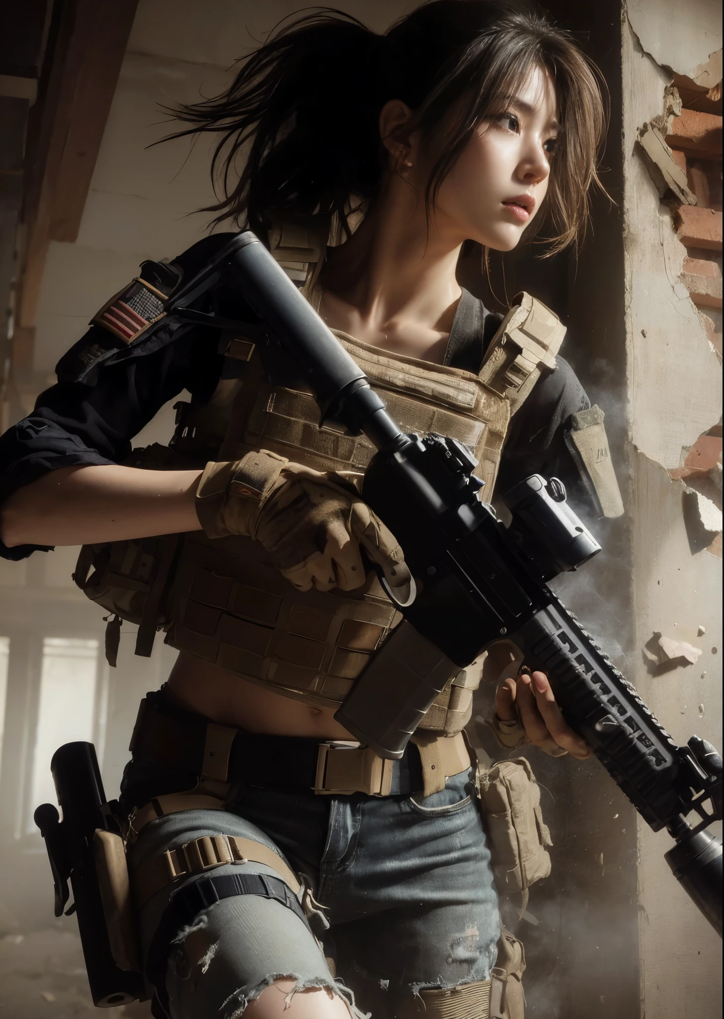 8K, realistic photo, realistic skin texture, Beautiful Japanese women in the US military、Inside a building littered with rubble、Under attack、Trying to escape while fighting back、collapsing wall、Automatic rifle、Bulletproof vest、Back Back、boots、Covered in scars、Grim expression、Dynamic pose、Innovative composition、Dust is flying