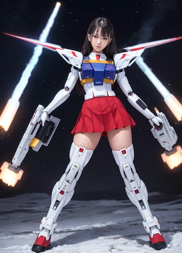 (top quality), (masterpiece), personification of Mobile Suit Gundam F91, nsfw, great highlights of the upper body, powerful mech, beam rifle, lone girl, 21 years old, , beautiful eyes, modest nose, neatness, smile, absolute realm, moist wet and slightly thick thighs, short skirt, open legs, full body, outer space, scene of fighting enemies,