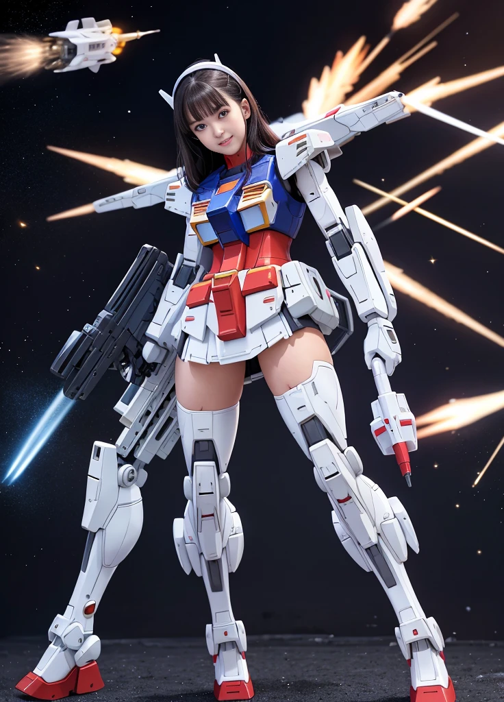 (top quality), (masterpiece), nsfw, personification of Mobile Suit Gundam F91, great highlights of the upper body, powerful mecha, beautiful girl with a beam rifle, 22 years old, baby face, modest nose, neat smile, medium hair, slightly drooping eyes, absolute area, moist wet and slightly thick thighs, attractive hips, fighting pose, no panties, short skirt, open legs, outer space, Scenes of fighting enemies,