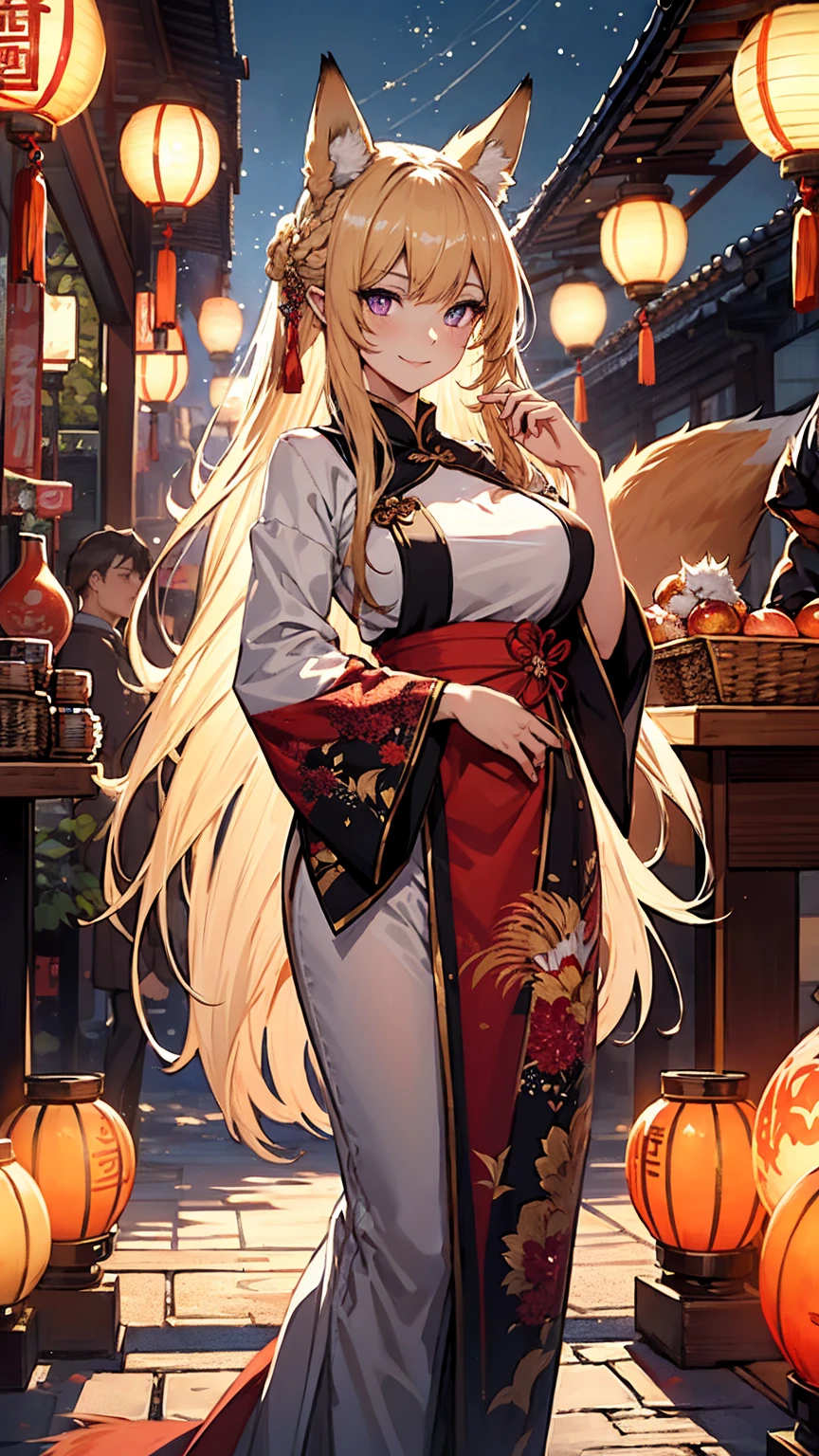 Photorealistic, (hyperrealistic:1.2), beautiful, masterpiece, best quality, extremely detailed face, perfect lighting, nice hands, perfect hands,Sparkling nine-tailed fox looking at us, one mature woman, the background features a vibrant Chinese New Year celebration, lanterns, fireworks, traditional decorations, beautiful scenery,blonde hair, braid, long braid, very long hair, animal ears, fox ears, long pointy ears, kemonomimi mode, "long orange fox ears with black tips",beautifull face(fox queen face) purple eyes, heart-shaped pupils, seductive smile,perfect body, very large hips, woman set with big,tail emanating(9 tails fox),traditional clothings