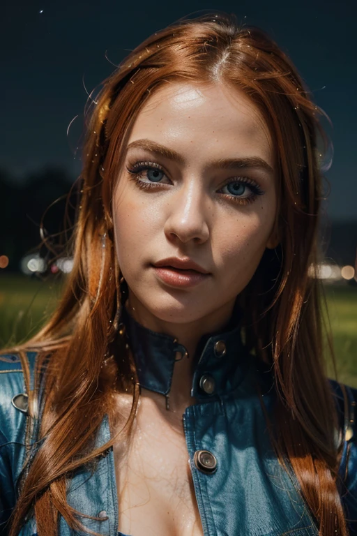 (best quality,4k,8k,highres,masterpiece:1.2),full body portrait,ultra-detailed,realistic,beautiful detailed eyes,beautiful detailed lips,extremely detailed eyes and face,longeyelashes,girl,orange hair,blue cyberpunk outfit,colorful meadow,night,body portraits,vivid colors,studio lighting