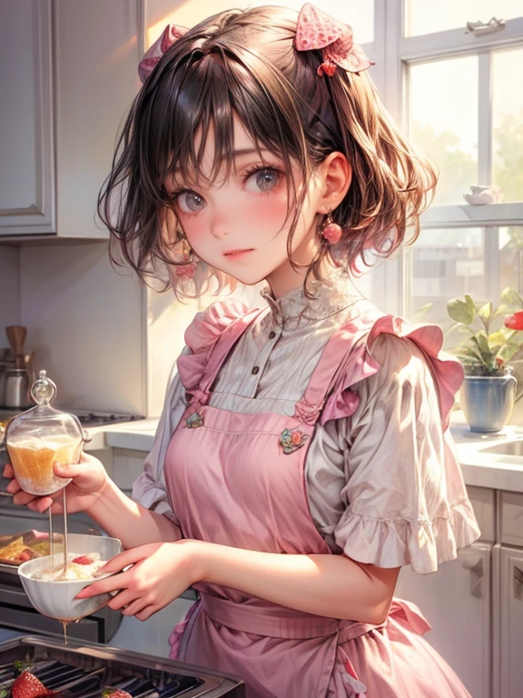cute girl Strawberry on her mouth:1.2, masterpiece:1.2, 8k, highres, ultra-detailed:1.2, photorealistic:1.37, cute girl cooking cake,cute colorful apron, little smile, blushed cheek, beautiful delicate(hair,face,eyes,lips,clothes,kitchen), pure black hair, very short bob, sparkling eyes, bright rosy lips, 
