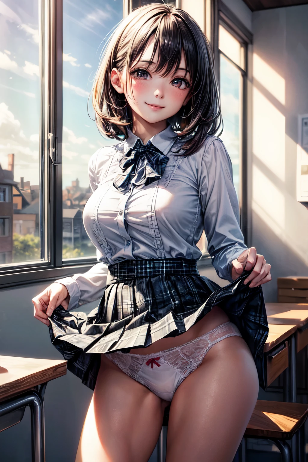 very cute and beautiful girl,(highly detailed beautiful face),
(smile),blush,black hair,white blouse,ribbon,(pleated plaid mini skirt),standing,(skirt lift,laced white panties),
wooden classroom,window,distant trees and town,
(best quality,masterpiece:1.0),absurdres,highres,ultra-detailed,extremely detailed,32k,8k resolution,
intricate details,cinematic scene,detailed background,solo,dynamic angle,