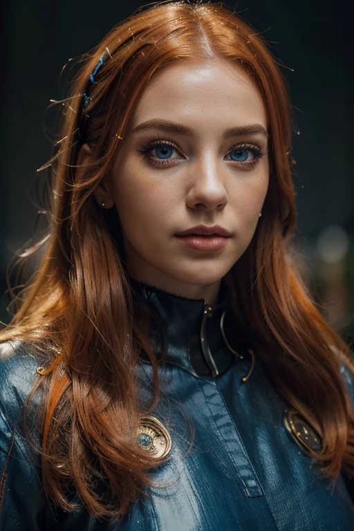 (best quality,4k,8k,highres,masterpiece:1.2),full body portrait,ultra-detailed,realistic,beautiful detailed eyes,beautiful detailed lips,extremely detailed eyes and face,longeyelashes,girl,orange hair,blue cyberpunk outfit,colorful meadow,night,entire body portraits,vivid colors,studio lighting
