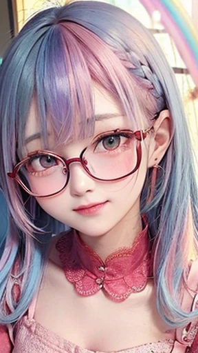 Small face、 (alone:1.5,)Very detailed,Bright colors, Very beautiful detailed anime faces and eyes, Look straight ahead,  Shiny_skin,girl, (((Rainbow Hair, Colorful Hair, Half light blue、Half pink hair: 1.2))), 、Shiny hair, Delicate beautiful face, blush、Glasses、(Turquoise Eyes), , Valletta, Earrings,、Flower Garden、Sunset、(((Floral、Fashionable lace,tight、Semi-transparent red short-sleeved shirt)))、（Twin tails）、smile、Happy Face、face dyed red、Cheerful pose、dynamic、、Glassesに手を添える、（turn right）