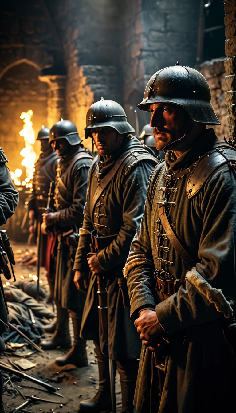 A group of soldiers abandoned their post, their ranks decimated by the black death, background cinematic, hyper realistic, ultra detailed hyper realistic, photorealistic, Studio Lighting, reflections, dynamic pose, Cinematic, historical accuracy, Color Grading, Photography, Shot on 50mm lens, Ultra-Wide Angle, Depth of Field, hyper-detailed, beautifully color, 8k