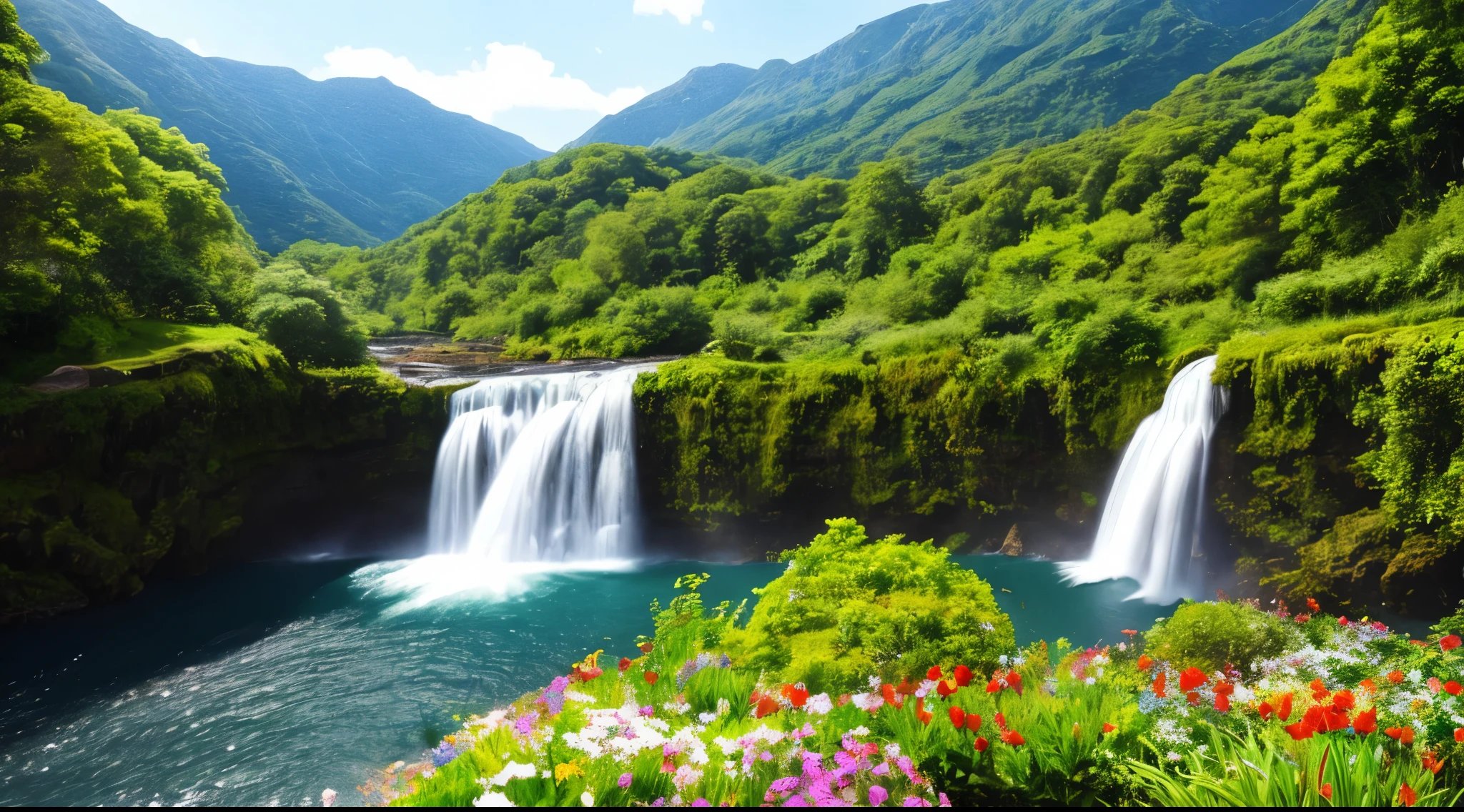 a close up of a majestic waterfall with a bunch of flowers in the foreground, flowers and waterfalls, beautiful waterfall, beautiful stunning waterfall, peaceful beautiful waterfall, beautiful nature, stunning waterfall, The beauty of natural scenery, Beautiful and colorful environment, waterfall(beautiful, waterfall background, a beautiful landscape, beautiful natural background, really beautiful nature, beautiful landscape, beautiful scenic landscape, beautiful eden garden