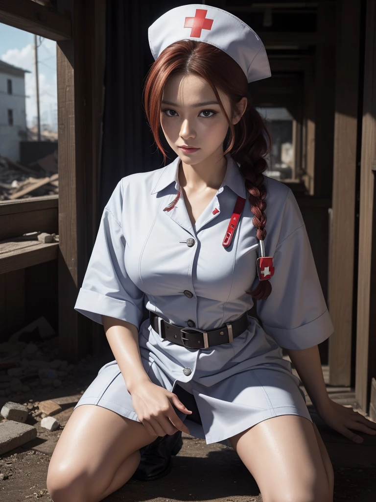 artworks，Best image quality，8K resolution，Ultra-high resolution，high detal，Higher quality，Oriental women，An injured female nurse，exquisite facial features，s the perfect face，the doctor，solo person，Be red in the face，embarressed，Drunk，brunette color hair，Extremely detailed depiction of hair，(JK white nurse's uniform)，(nurse's outfit)，Nurse hat，Red Cross Mark，(blood-stained)，There is an emergency medical kit next to it，Wasted area，Collapsed buildings，dreads，Facing the viewer，Art Nouveau，Love pupils，mid hair，High ponytail，epaulette，arm belt，Armband，Band-aid on the forehead，Long-barreled combat boots，Kneeling，binding，Hands behind you，Get close to the viewer，eventide