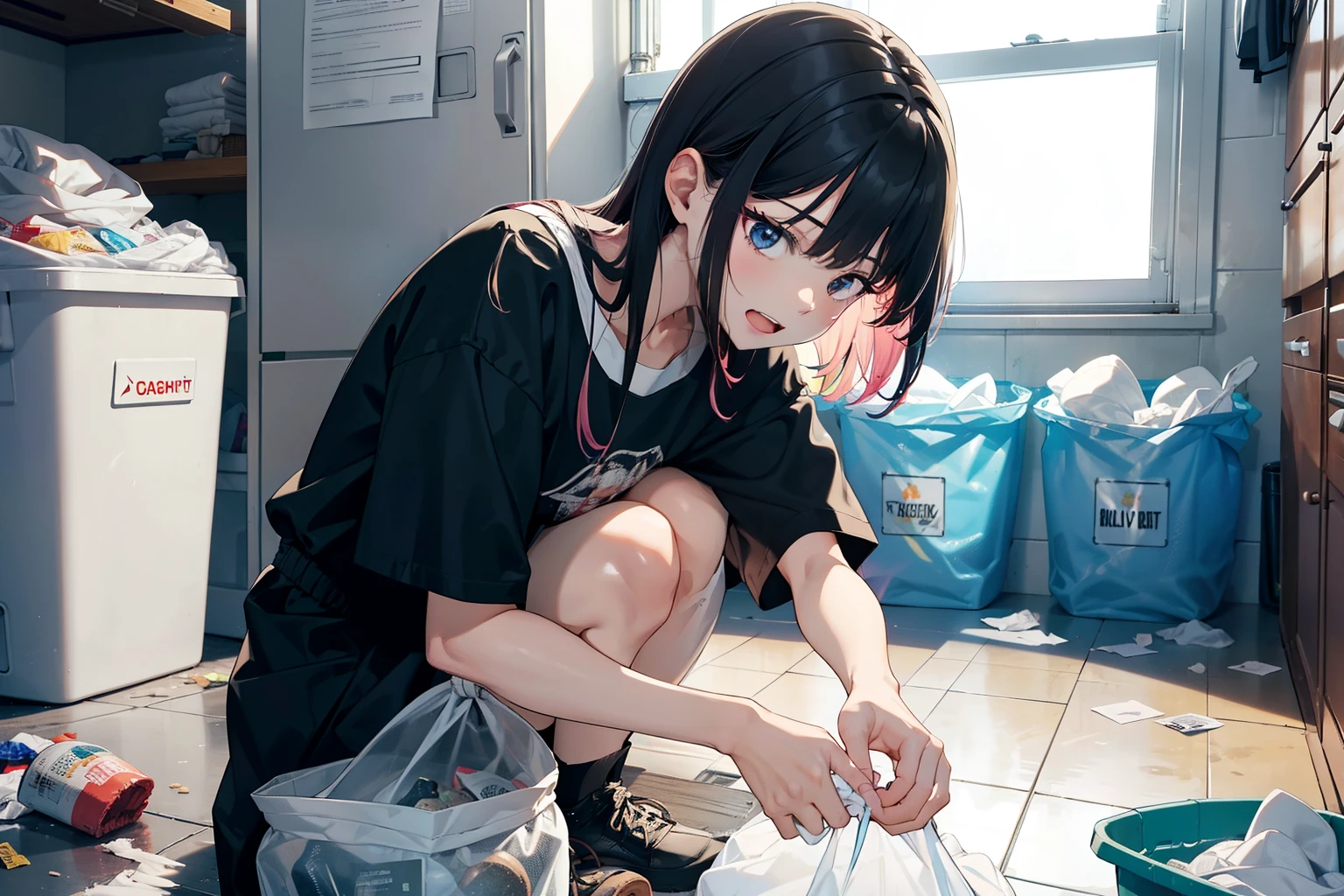 {{{lots of colorfull underwears are into sheer-trash-bag}}},Strands of hair,Farben Hair color,,tiny chest,{{{she is putting underwears in trash bag}}}, translucent-trash-bag,laundry room, ,lots of underwesrs are in laundry bascket,disgusted face,displeasure,{{{disgusting:1.5}}},naughty smile,indoor, i can see that inside of trash bags,open mouth,focus on trash bag, leaning forward, upper body,skirt,open mouth,focus on trash bag,{{{leaning forward}}},hold trash bag in hand,{{{trash-bag}}}, {{{Translucent-trash-bag}}},focus on translucent-trash-bag,laundry room, laundry bascket