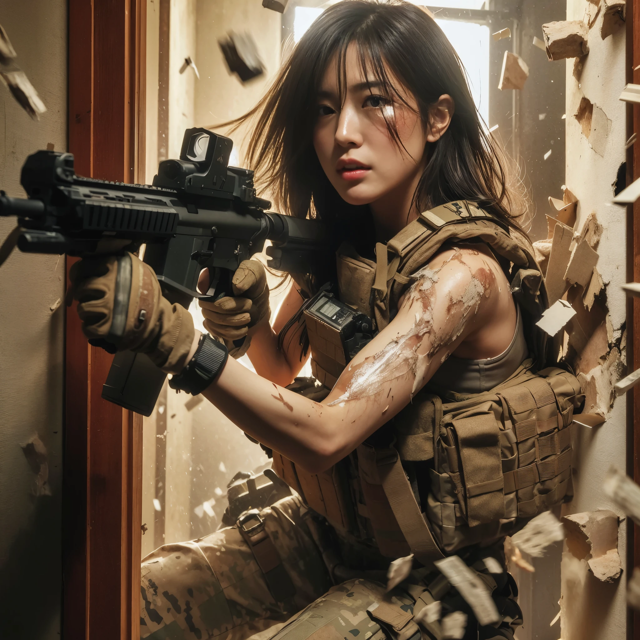 8K, realistic photo, realistic skin texture, Beautiful Japanese women in the US military、Inside a building littered with rubble、Under attack、Trying to escape while fighting back、collapsing wall、Automatic rifle、Bulletproof vest、Back Back、boots、Covered in scars、Grim expression、Dynamic pose、Innovative composition、Dust is flying