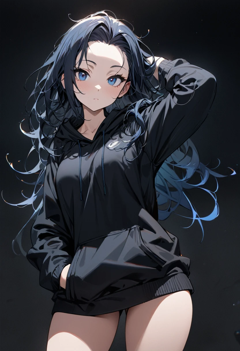 1 girl,Solo,front view from front facing viewer,medium hair,hair slicked back,dark blue eyes,Hand behind head, messy hair,(dark eyes),(cool girl),(Sharp blue eyes),(dark color),(black redHoodie) masterpiece, best quality, high quality, detailed,(medium-breasts),(gal),(hand in pocket),(overthighs),(Flowing Hair)
