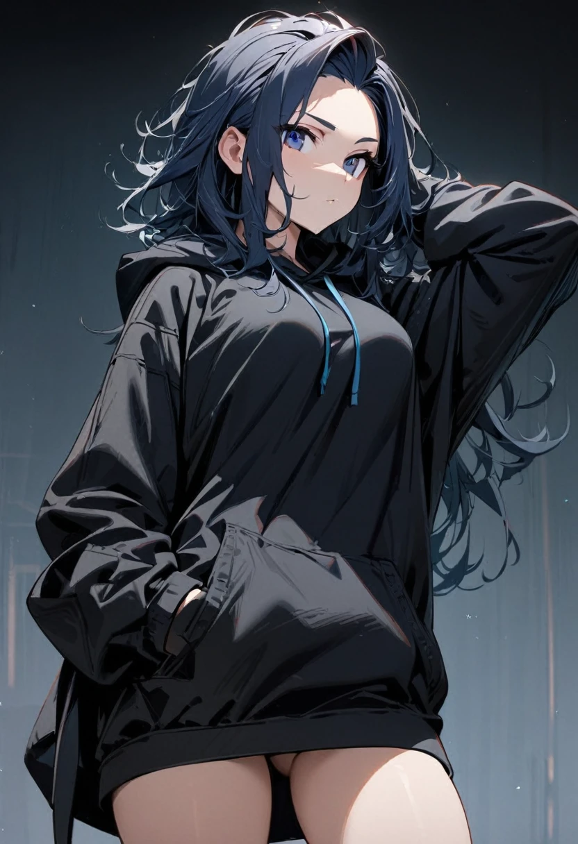 1 girl,Solo,front view from front facing viewer,medium hair,hair slicked back,dark blue eyes,Hand behind head, messy hair,(dark eyes),(cool girl),(Sharp blue eyes),(dark color),(black redHoodie) masterpiece, best quality, high quality, detailed,(medium-breasts),(gal),(hand in pocket),(overthighs),(Flowing Hair)