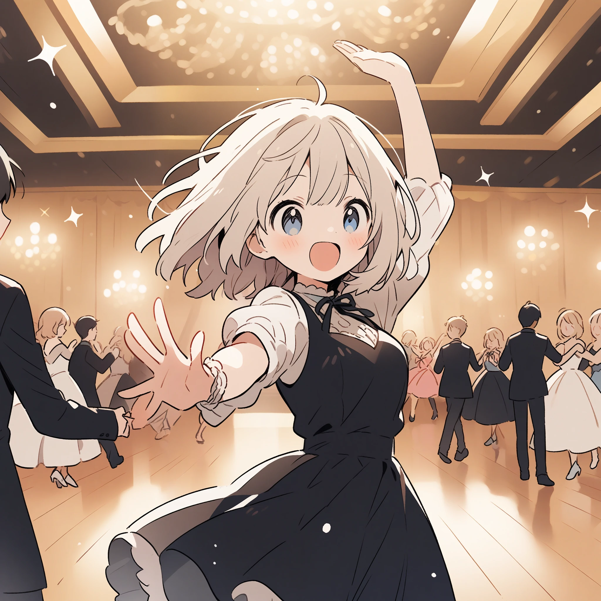 a girl dancing in a ballroom, 2d illustration, cute, joyful, JK