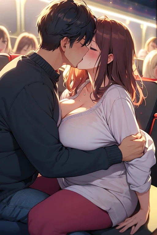 masterpiece, best quality, unity 8k wallpaper, illustration, very detailed, ((kiss, ache, 1 chubby woman ,1 man, first sound)),, sweat, Warmth, Stiff, normal chest ((In the cinema ))(((kiss하다)))