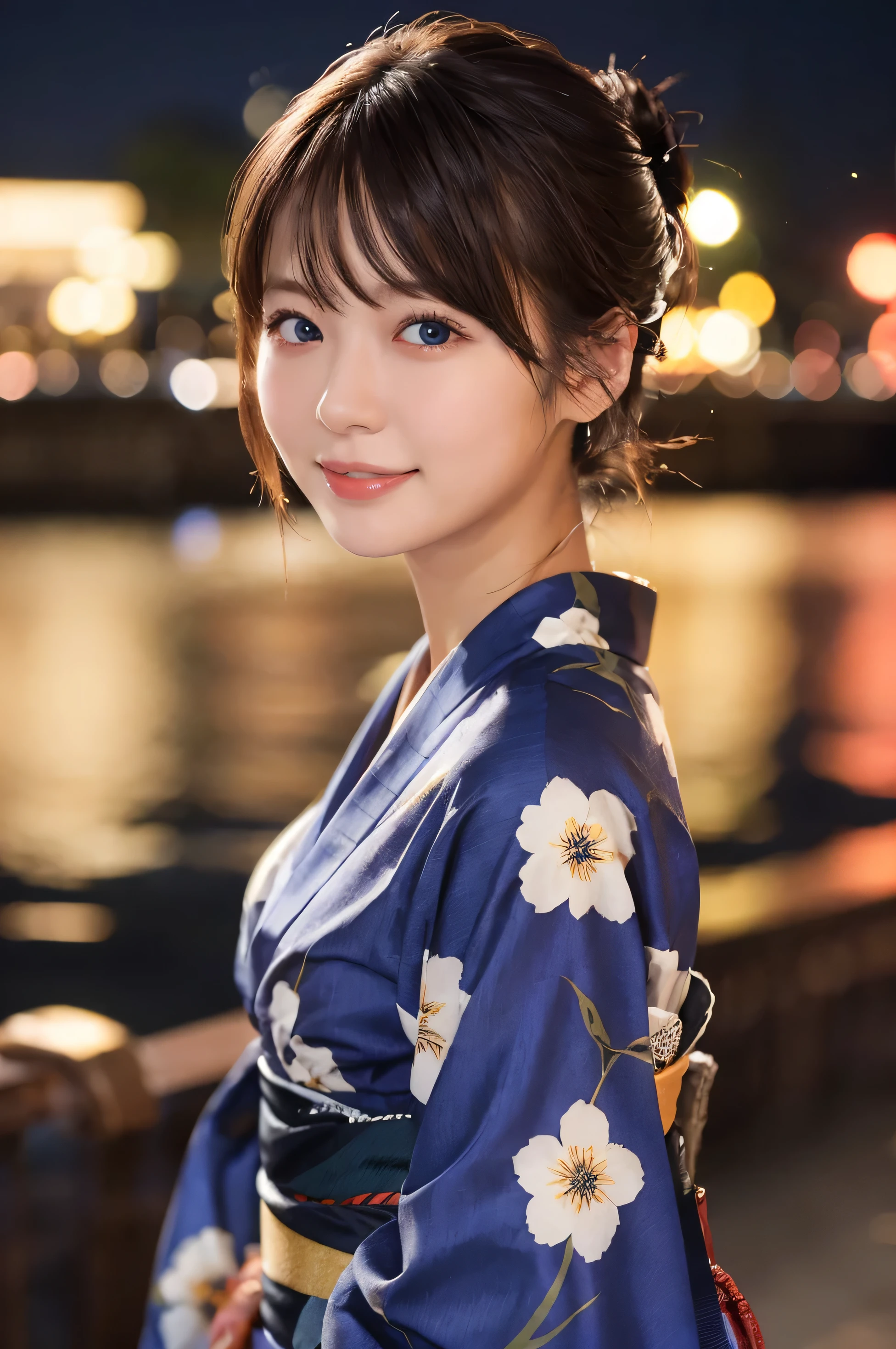 1 girl,I came to the harbor fireworks festival.、{{hair ornaments、Fireworks reflecting on the sea surface、There are fireworks in the background、Waist up shot、Drooling eyes、Droopy eyes、Hair tied up、Bun Hair}:1.4}、Snapshots at the night fireworks festival、 {{Very clear and delicate blue eyes}}、(Japanese Kimono、A traditional Japanese yukata from the Showa period, typically in navy blue with floral patterns :1.2), (RAW Photos, highest qualそれy), (Realistic, Realistic:1.4), Tabletop, Very delicate and beautiful, Very detailed, 2k wallpaper, wonderful, finely, Very detailed CG Unlimited 8K wallpaper, Very detailed, High resolution, Soft Light, Beautiful detailed girl, Very detailed目と顔, Beautiful and sophisticated nose, Finely beautiful eyes, Cinema Lighting, Perfect ???????, Slender body, Was nervous,
short hair, bangs, Looking at the audience, smile