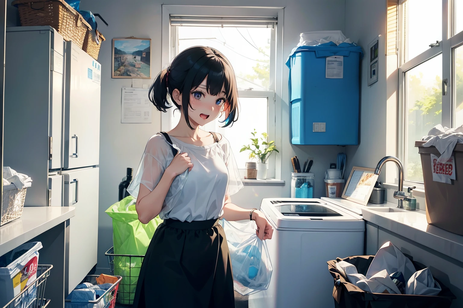 {{{lots of colorfull underwears are into sheer-trash-bag}}},Strands of hair,Farben Hair color,,tiny chest,{{{she is putting underwears in trash bag}}}, translucent-trash-bag,laundry room, ,lots of underwesrs are in laundry bascket,disgusted face,displeasure,{{{disgusting:1.5}}},naughty smile,indoor, i can see that inside of trash bags,open mouth,focus on trash bag, leaning forward, upper body,skirt,open mouth,focus on trash bag,{{{leaning forward}}},hold trash bag in hand,{{{trash-bag}}}, {{{Translucent-trash-bag}}},focus on translucent-trash-bag,laundry room, laundry bascket