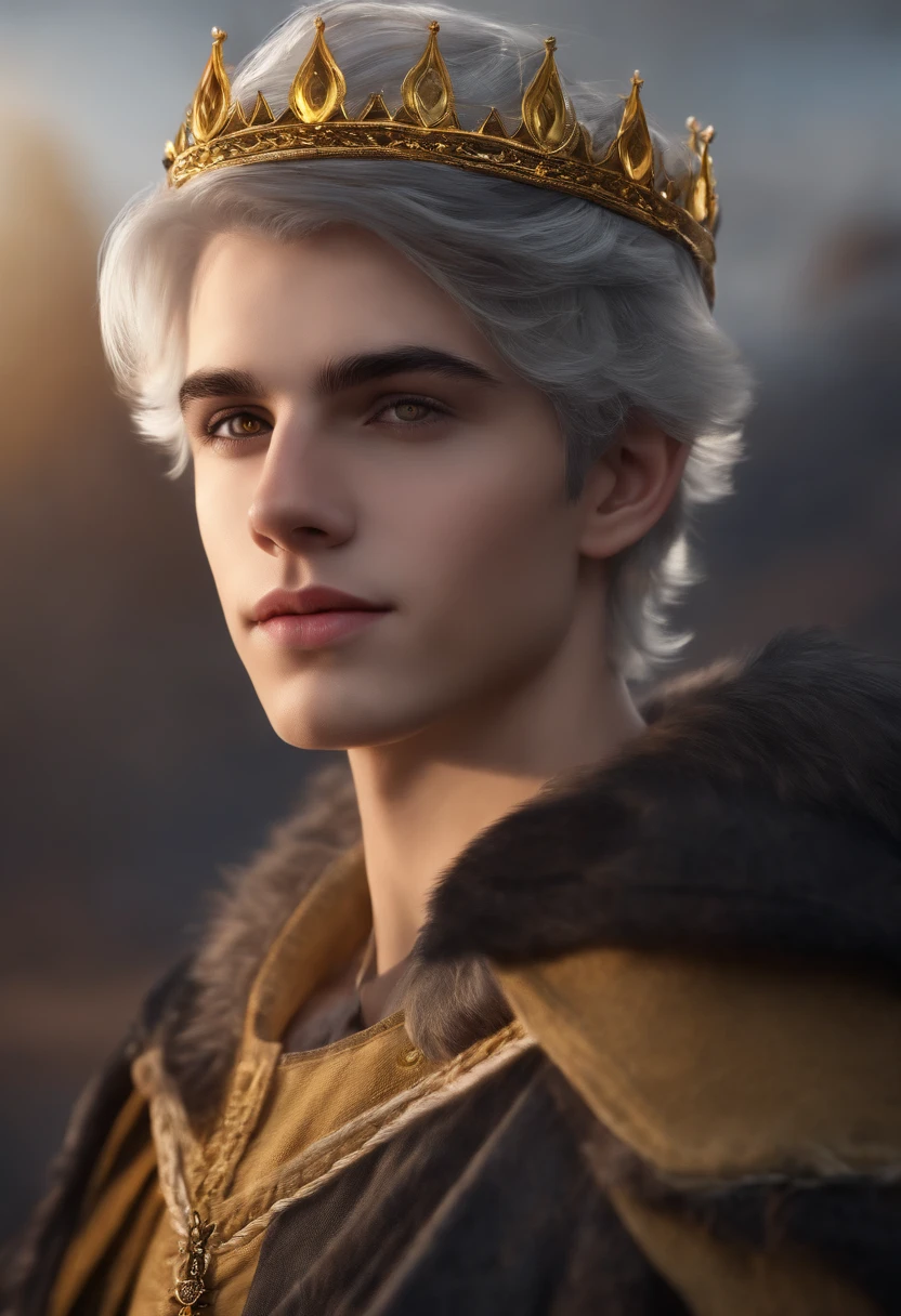 High definition, portrait, young guy, 18 years old, light gray hair, short haircut, yellow eyes, smiling, crown, young woman dark hair, realism, fantasy