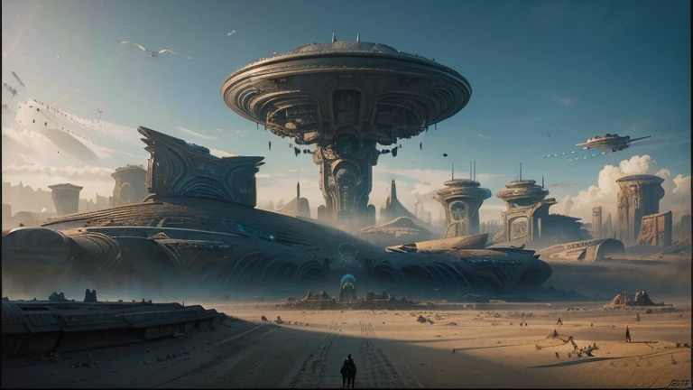 there is a painting of a futuristic city with a giant robot head, jodorowsky's dune, insanely detailed matte painting, peter gric and dan mumford, intricate matte painting, jodorowsky's dune movie, style of john harris, jean giraud 8 k, hyperdetailed matte painting, intricate environments, stunning sci-fi concept art, cgsociety )