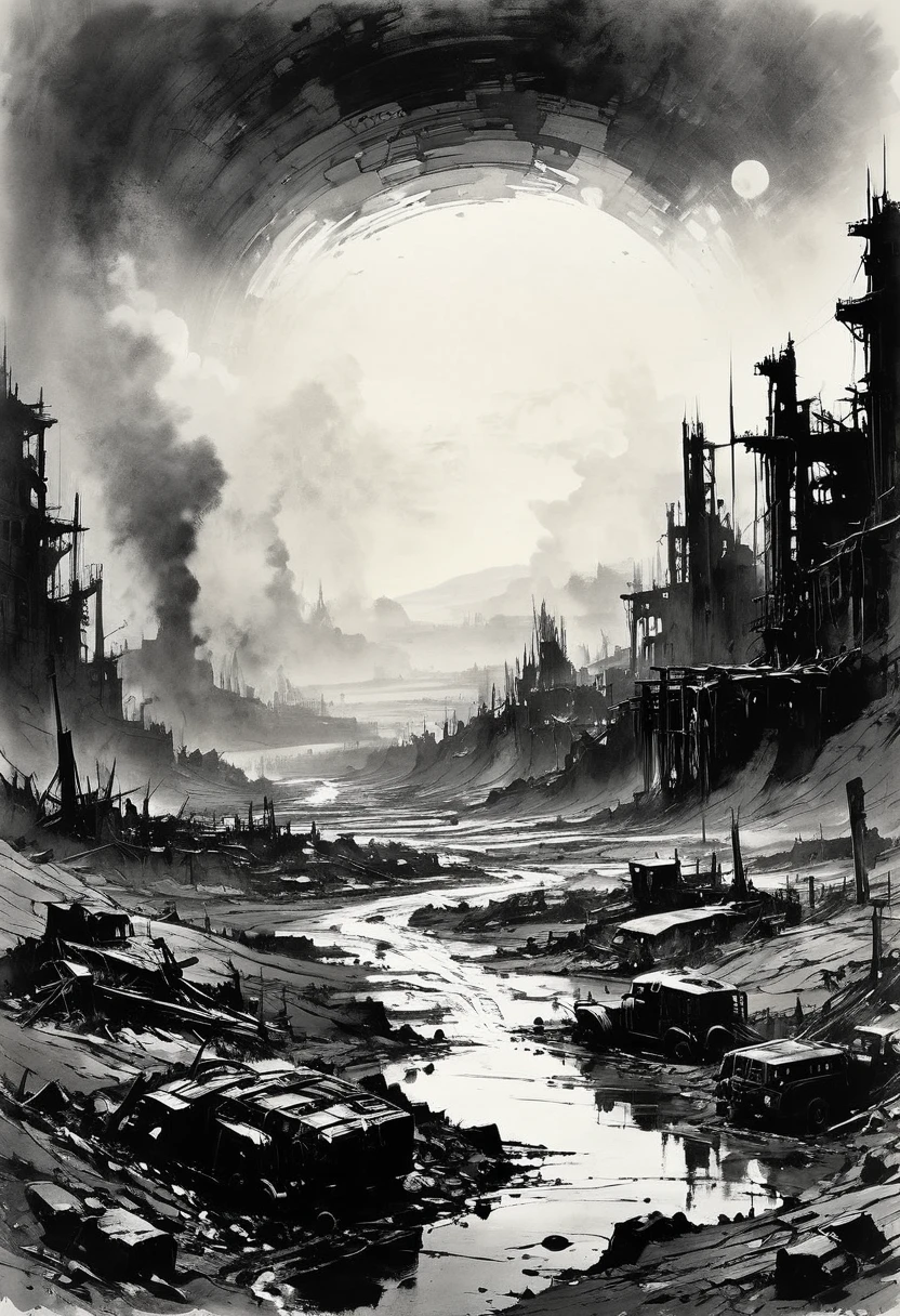 Post-Apocalyptic Wasteland, by Norman Ackroyd, best quality, masterpiece, very aesthetic, perfect composition, intricate details, ultra-detailed