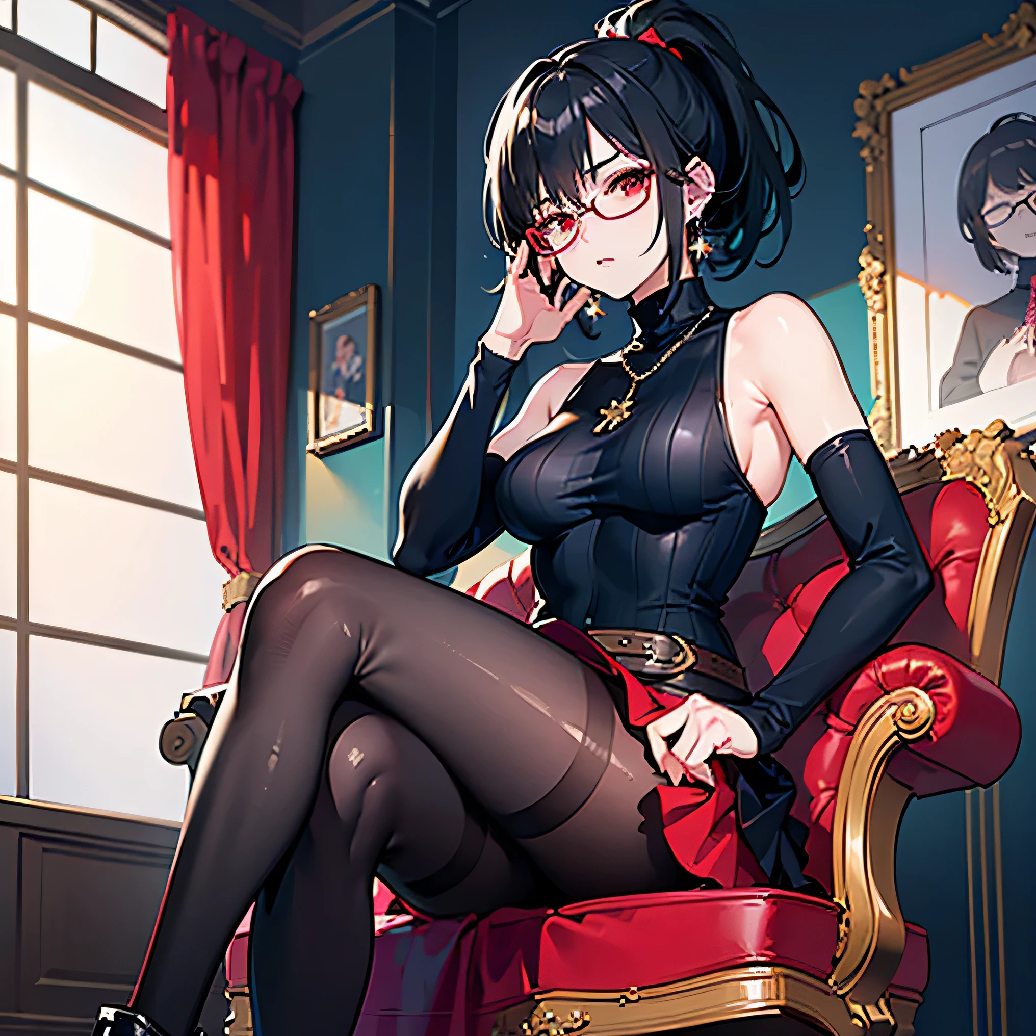 ((best quality)), ((masterpiece)), ((high resolution)), ((ultra-detailed)), ((best illustration)), (detailed), perfect face, mature, 1woman, anime, short hair, ponytail, red eyes, black hair, glasses, blue earrings, ((red sleeveless turtleneck)), short skirt, black skirt, black pantyhose, short boot, black boot, sit on luxury chair, crossed legs, luxurious room background, displeased expression, hands on knee