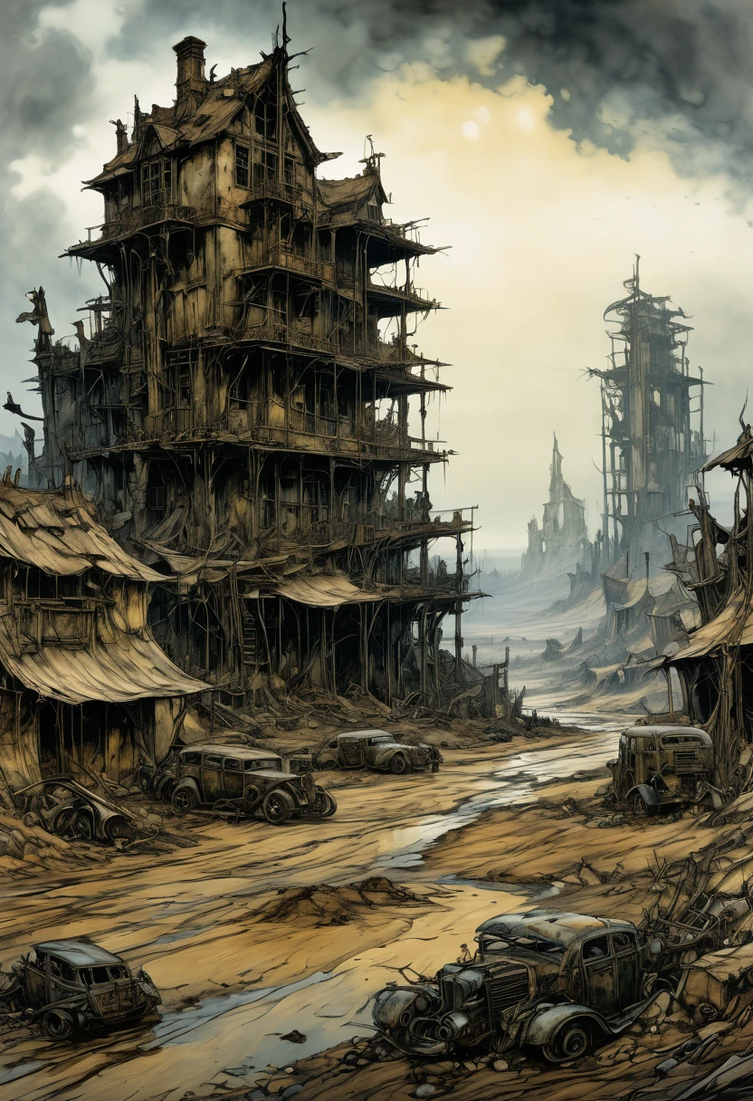 Post-Apocalyptic Wasteland, by Arthur Rackham, best quality, masterpiece, very aesthetic, perfect composition, intricate details, ultra-detailed