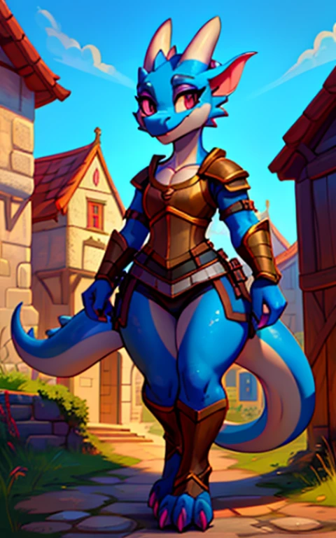 (anthropomorphic, kobold, vivid colors, high resolution:1.2), (female:1.1, 2d art style), (blue fur, wide hips), (medieval armor)
