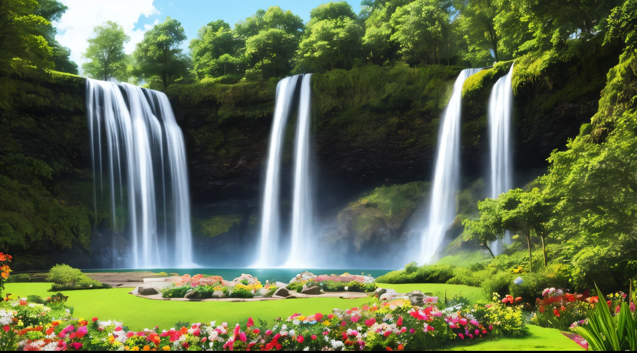 a close up of a majestic waterfall with a bunch of flowers in the foreground, flowers and waterfalls, beautiful waterfall, beautiful stunning waterfall, peaceful beautiful waterfall, beautiful nature, stunning waterfall, The beauty of natural scenery, Beautiful and colorful environment, waterfall(beautiful, waterfall background, a beautiful landscape, beautiful natural background, really beautiful nature, beautiful landscape, beautiful scenic landscape, beautiful eden garden