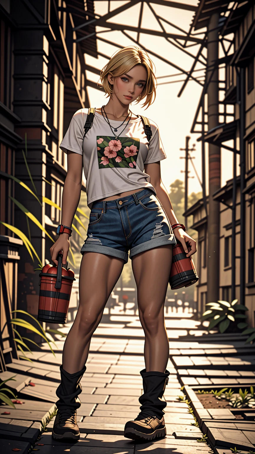 FY2076. Wasteland urban ruins, Female hunter picking fruit in garden, Beautiful Face, blonde, A badly torn shirt and denim shorts , muscular legs, Sweat it out, sunrise, nice warm colors, Head to Toe, full body shot, Clean hands, Perfect Fingers,