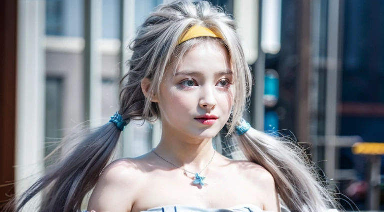 VELZARD, BANGS, BLUE EYES, GREY HAIR, HAIR BETWEEN EYES, LONG HAIR, TWINTAILS, YELLOW HAIRBAND, BARE SHOULDERS, JEWELRY, NECKLACE, DRESS, CLEAVAGE, DETACHED SLEEVES, BLUE SKIRT, 1girl, solo, upper body, facing viewer, looking at viewer, smile,