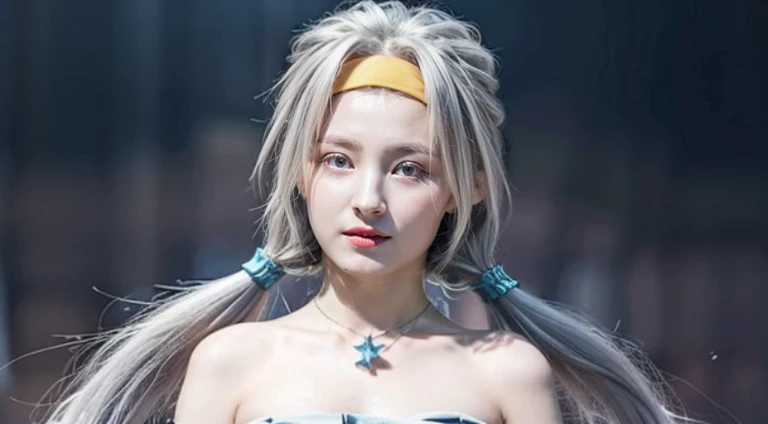 VELZARD, BANGS, BLUE EYES, GREY HAIR, HAIR BETWEEN EYES, LONG HAIR, TWINTAILS, YELLOW HAIRBAND, BARE SHOULDERS, JEWELRY, NECKLACE, DRESS, CLEAVAGE, DETACHED SLEEVES, BLUE SKIRT, 1girl, solo, upper body, facing viewer, looking at viewer, smile,