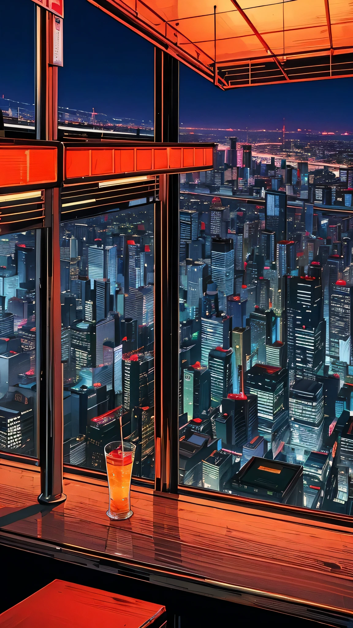 Arabic style photo of a bartender at a bar, Future on a rooftop at night in Tokyo, On a rooftop at night in Tokyo, Set on the rooftops of Tokyo, Tokyo Cyberpunk Night on the Roof, Cocktail Bar, Tokyo in the background, like that, Heaven on Earth, Nightlife, Gazing at the horizon, City view, Koji Morimoto Shinjuku, Skyline