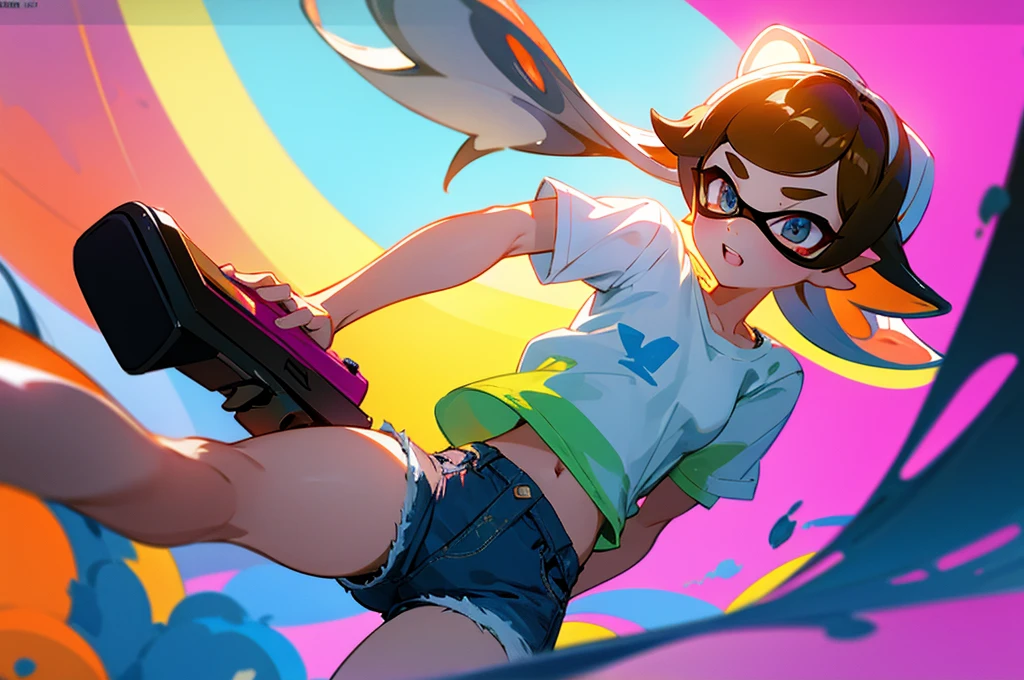 Elementary school students are playing Splatoon pretend,playing with paint on each other using various gadgets,white t-shirt,denim hotpants,colorful stage,beautiful lighting, volumetric lighting, dynamic angle, sharp,