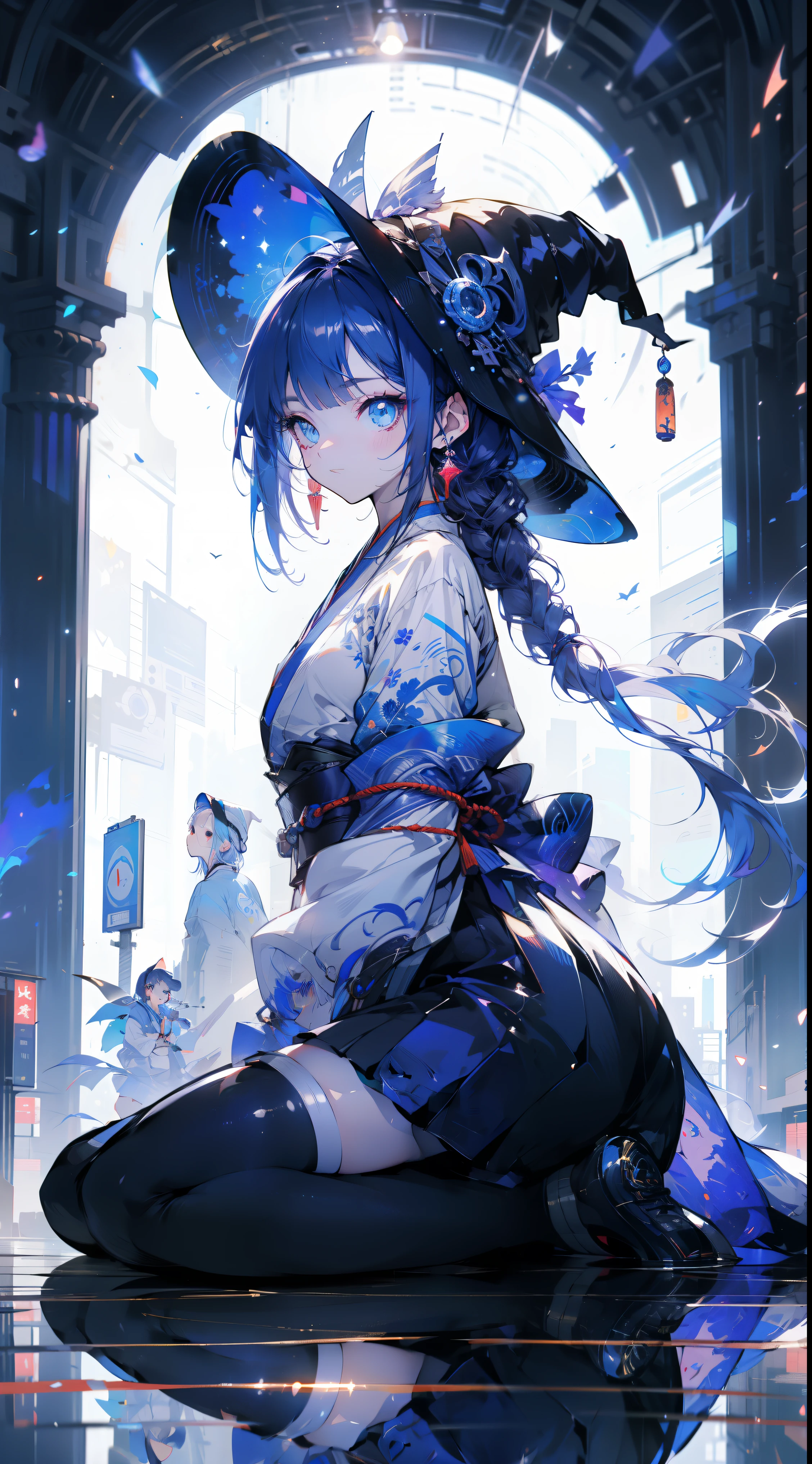 Blue Skirt,Solo Female, alone, (Sit on your knees), (Kneeling on a white glass surface), (smallest, small), (White background), Witch Hat, Carly, View your viewers, Panoramic View, Vision, It begins with the night of the ark., artstation Popular topics on pixiv, Arc Knight, Digital art on pixiv,onmyoji detailed art, Japanese anime fantasy illustration, author:Hero, anime art wallpaper 8k, sky witch, pixiv style, anime art wallpaper 4k, anime art wallpaper 4k,