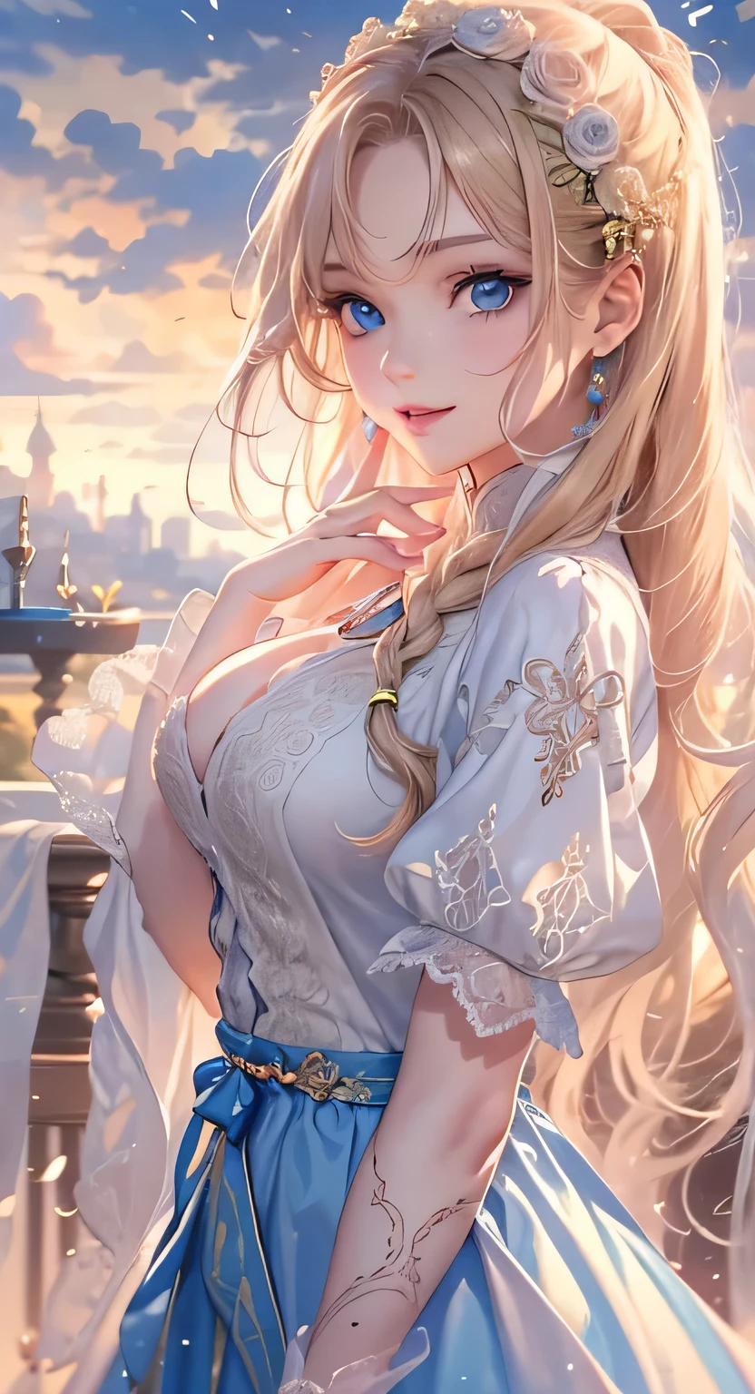 (masterpiece:1.2, highest quality), (realistic, photorealistic:1.4), beautiful illustrations, (natural side lighting, movie lighting), looking at the viewer, Upper body, (Front view), 1 girl, perfect face, Cute symmetrical face, shiny skin, baby face, long eyelashes, (medium breasts), (wide hips),beautiful hair, beautiful face, fine and beautiful eyes, beautiful body, beautiful breasts, beautiful thighs, beautiful feet, beautiful fingers,(beautiful scenery),(lovely cute smile:1.2, upper grade),messy white hair,white skin, ornate crop top(huge and tight), ornate gloves(long and tight), ornate miniskirt(huge and tight)