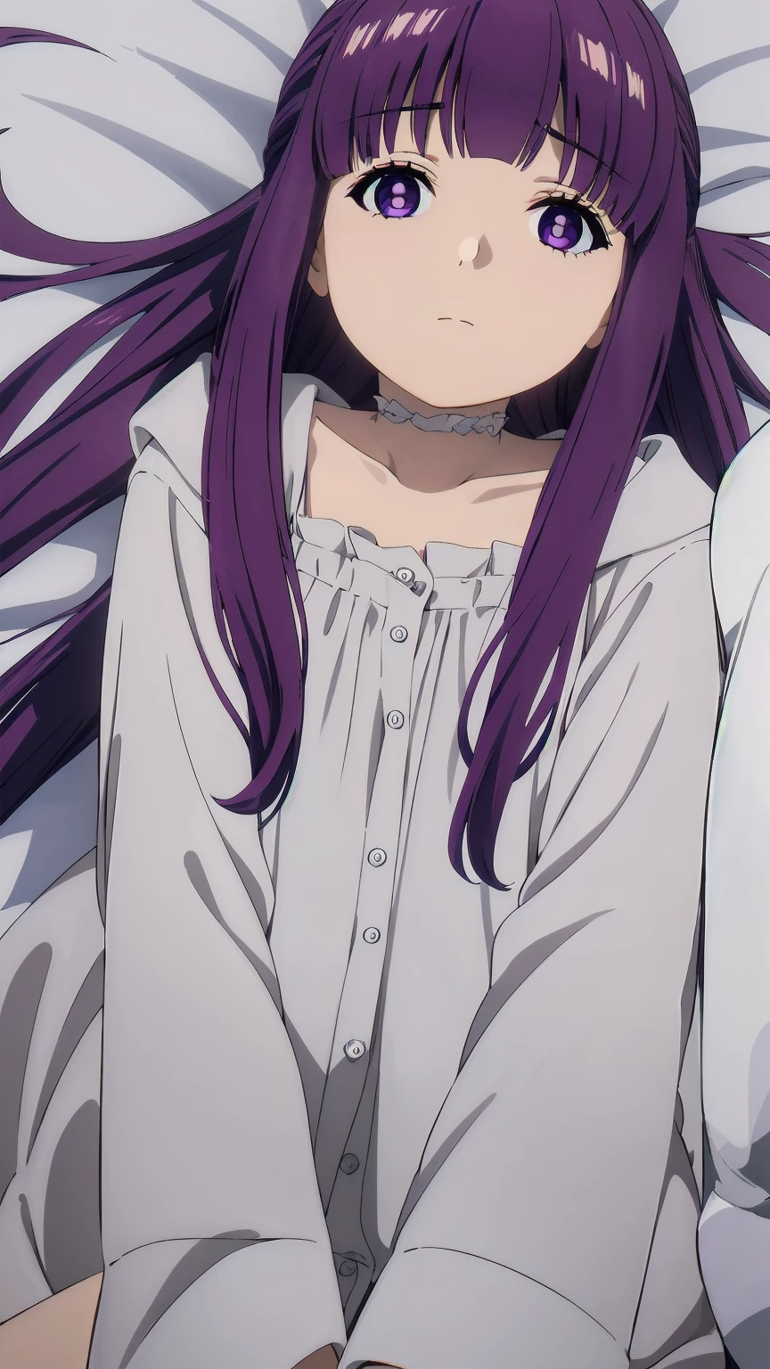 (((Pixel Perfect, Perfect detail))), One girl, alone, Fern, Long Hair, bangs, (Purple eyes:1.1), Purple Hair, Side Lock, blunt bangs, (Bright Eyes:1.5), Half Up, Lying in bed:1.3), whole body